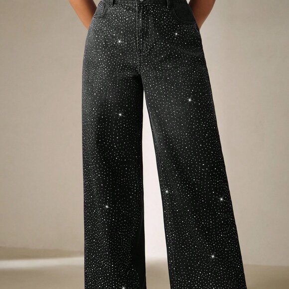 Black Casual Women's Rhinestud Wide Leg Plus Size Jeans - Picture 2 of 5